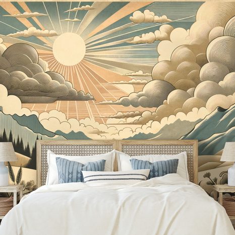 TAPETE RETRO-LANDSCHAFT MIT BERGEN UND SONNE - TAPETEN MIT BERGMOTIVEN - TAPETEN