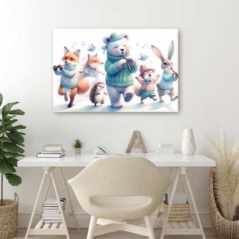 WANDBILD MUSIKALISCHE TIERPARADE IN WINTERLANDSCHAFT - KINDERBILDER TIERE - BILDER