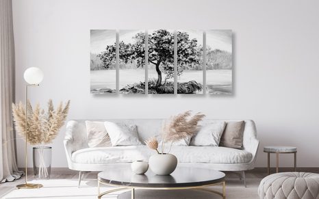 5-DÍLNÝ OBRAZ ORIENTÁLNÍ TŘEŠEŇ V ČERNOBÍLÉM PROVEDENÍ - ČERNOBÍLÉ OBRAZY - OBRAZY