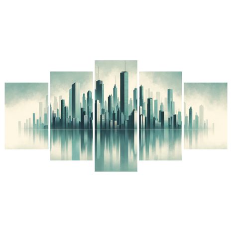 5-DÍLNÝ OBRAZ MRAKODRAPY ZAHALENÉ V MLZE - OBRAZY MĚSTA - OBRAZY