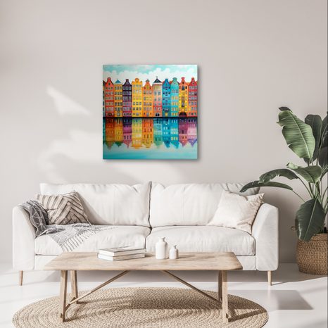 OBRAZ ODRAZ DOMŮ NA VODĚ - BAREVNÉ DOMY - OBRAZY