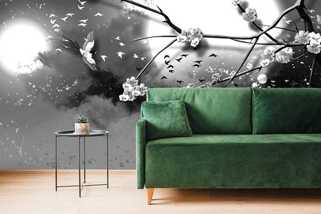 CARTA DA PARATI AUTOADESIVA – RAMI DI ALBERO IN BIANCO E NERO ALLA LUNA PIENA - CARTA DA PARATI AUTOADESIVE - CARTA DA PARATI