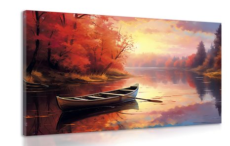 CANVAS PRINT A BOAT IN A CALM SUNRISE - PICTURES LAKES - PICTURES