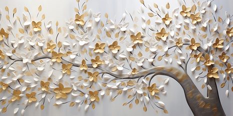 TABLEAU SUR TOILE – ARBRE AVEC FLEURS BLANC-DORÉ - TABLEAUX - 🔥 VENTE TOTALE