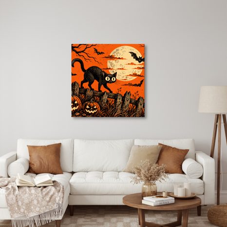 QUADRO SU TELA – GATTO DI HALLOWEEN TRA LE ZUCCHE - QUADRI HALLOWEEN E HORROR - STAMPE E QUADRI