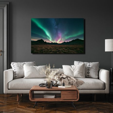 TABLEAU SUR TOILE – AURORE BORÉALE AU-DESSUS DES MONTAGNES - TABLEAUX DES AURORES BORÉALES - TABLEAUX