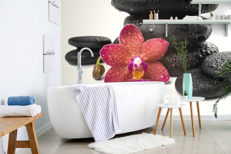 SAMOLEPÍCÍ TAPETA ORCHIDEJ A ZEN KAMENY NA BÍLÉM POZADÍ - SAMOLEPÍCÍ TAPETY - TAPETY