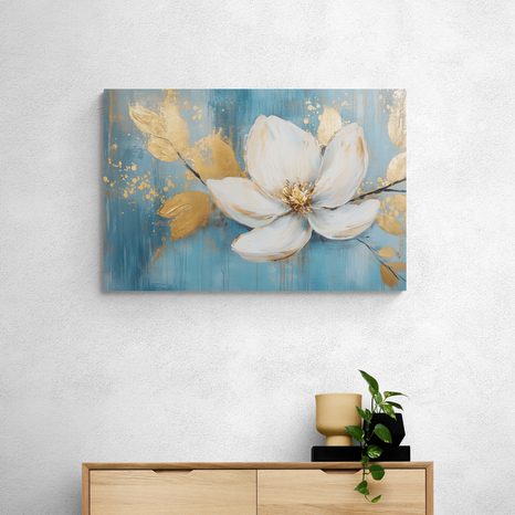 TABLEAU SUR TOILE – FLEUR BLANCHE AUX FEUILLES DORÉES - TABLEAUX - 🔥 VENTE TOTALE