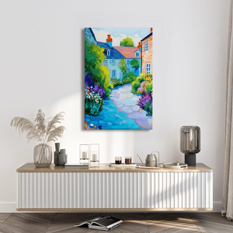 OBRAZ MALEBNÁ VESNICE S KVĚTINAMI - BAREVNÉ DOMY - OBRAZY