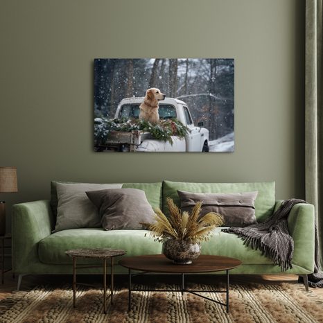 OBRAZ VÁNOČNÍ PES NA ZASNĚŽENÉ KORBĚ - VÁNOČNÍ A ZIMNÍ OBRAZY - OBRAZY