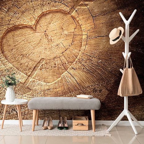 WALL MURAL HEART CARVED INTO A STUMP - WALLPAPERS WITH IMITATION OF WOOD - WALLPAPERS