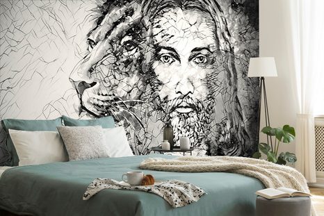 SAMOLEPÍCÍ TAPETA VŠEMOHOUCÍ SE LVEM V ČERNOBÍLÉM PROVEDENÍ - SAMOLEPÍCÍ TAPETY - TAPETY