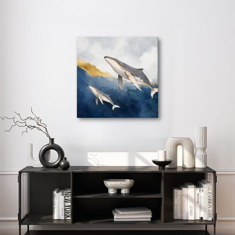 TABLEAU SUR TOILE – COUPLE DE BALEINES DANS L’OCÉAN BLEU - TABLEAUX DE BALEINE - TABLEAUX