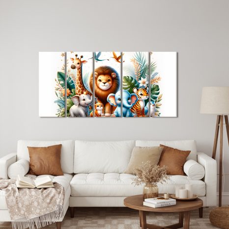 5-DÍLNÝ OBRAZ ZVÍŘECÍ PŘÁTELÉ V DŽUNGLI - DĚTSKÉ OBRAZY ZVÍŘÁTKA - OBRAZY
