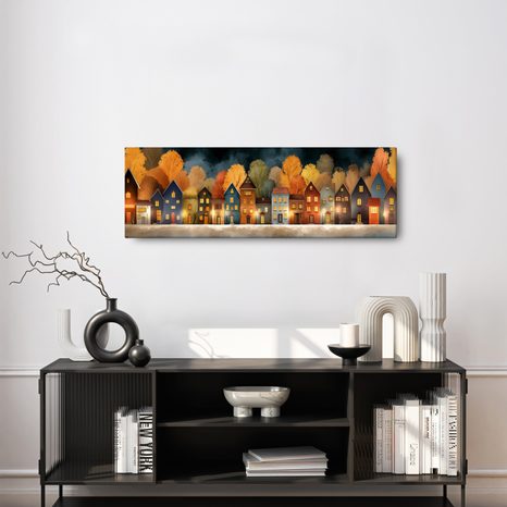 OBRAZ ZIMNÍ POHÁDKA U ŘEKY - BAREVNÉ DOMY - OBRAZY