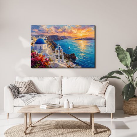 WANDBILD KÜSTE VON SANTORIN BEI SONNENUNTERGANG - BILDER VON SONNENAUFGANG UND SONNENUNTERGANG - BILDER
