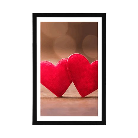 PLAKÁT S PASPARTOU ČERVENÁ SRDÍČKA NA DŘEVĚNÉ TEXTUŘE - LÁSKA - PLAKÁTY