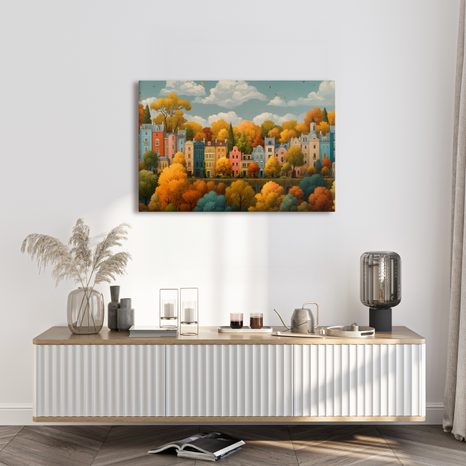 WANDBILD HERBSTSTADT ZWISCHEN BÄUMEN - BUNTE HÄUSER - BILDER