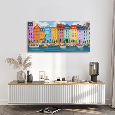 OBRAZ ROMANTICKÁ ŘEKA A DOMY - BAREVNÉ DOMY - OBRAZY