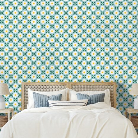 TAPETE BUNTE BLÜTEN AUF TÜRKISFARBENEM HINTERGRUND - GEMUSTERTE TAPETEN - TAPETEN