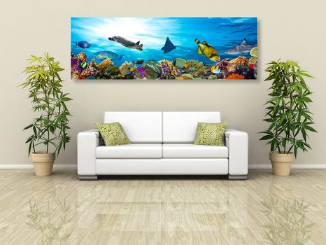 WANDBILD KORALLENRIFF MIT FISCHEN UND SCHILDKRÖTEN - WANDBILDER MEERESTIERE - BILDER