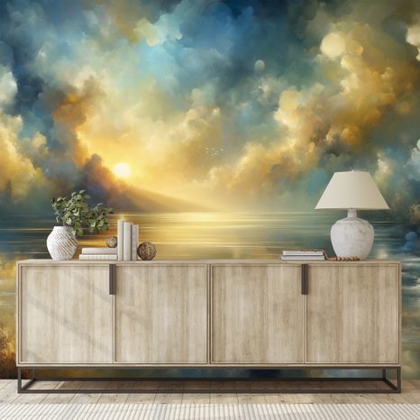 SAMOLEPÍCÍ TAPETA ZLATÉ SLUNCE NAD MODROU HLADINOU - TAPETY VÝCHOD A ZÁPAD SLUNCE - TAPETY