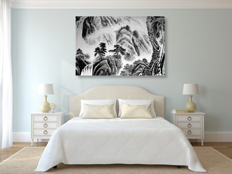 OBRAZ ČÍNSKÁ KRAJINOMALBA V ČERNOBÍLÉM PROVEDENÍ - ČERNOBÍLÉ OBRAZY - OBRAZY