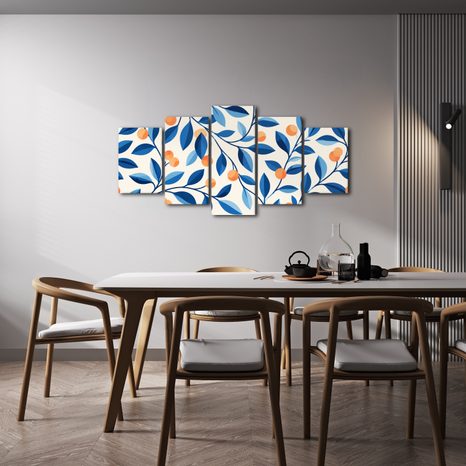 TABLEAU EN 5 PARTIES – BRANCHES BLEUES AUX FRUITS - TABLEAUX ARBRES ET FEUILLES - TABLEAUX
