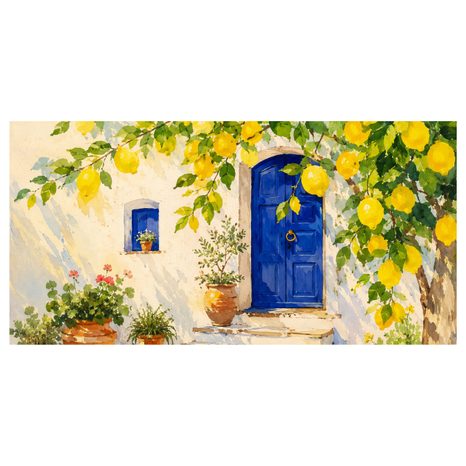 TABLEAU SUR TOILE – PORTE BLEUE SOUS LES CITRONS - TABLEAUX DE LA VILLE - TABLEAUX