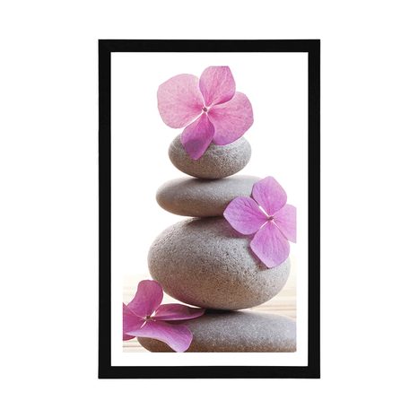 AFFICHE AVEC PASSE-PARTOUT – ÉQUILIBRE DE PIERRES ET FLEURS ORIENTALES ROSES - FENG SHUI - AFFICHES