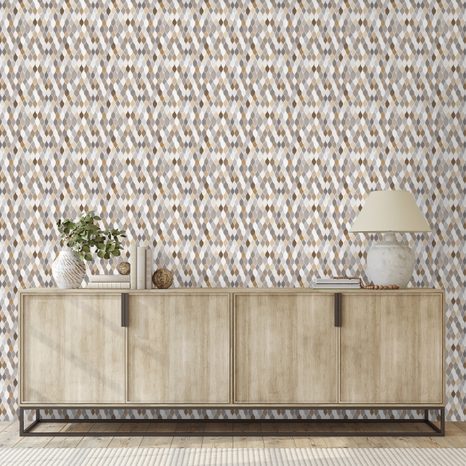 TAPETA HNĚDO-BÉŽOVÁ GEOMETRIE NA ŠEDÉ - VZOROVANÉ TAPETY - TAPETY