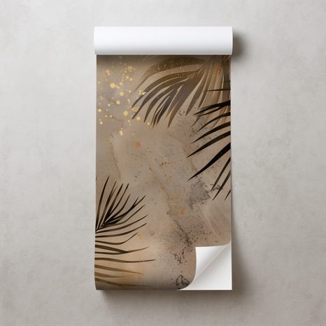 PAPIER PEINT PANORAMIQUE ADHÉSIF – FEUILLES DE PALMIER DORÉES SUR GRIS - PAPIER PEINT FEUILLES - PAPIERS PEINTS PANORAMIQUES