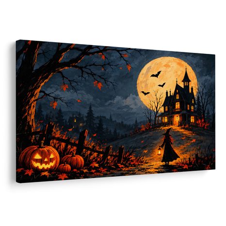 QUADRO SU TELA – CASA STREGATA SOTTO LA LUNA PIENA - QUADRI HALLOWEEN E HORROR - STAMPE E QUADRI