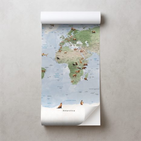 SAMOLEPÍCÍ FOTOTAPETA SVĚTOVÁ MAPA SE ZVÍŘATY - DĚTSKÉ TAPETY - TAPETY