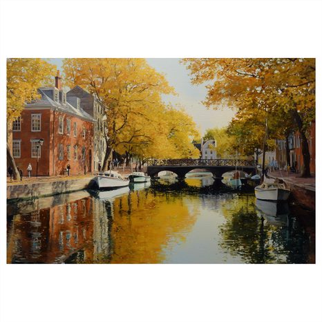 OBRAZ PODZIMNÍ KANÁL U MOSTU - BAREVNÉ DOMY - OBRAZY