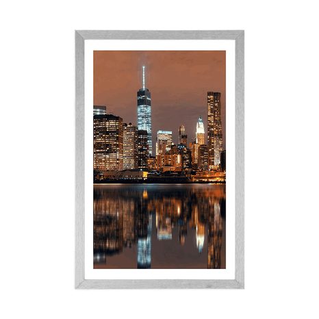 POSTER MIT PASSEPARTOUT SPIEGELUNG VON MANHATTAN IM WASSER - STÄDTE - POSTER