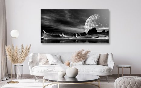 WANDBILD FUTURISTISCHER PLANET IN SCHWARZ-WEISS - SCHWARZ-WEISSE BILDER - BILDER