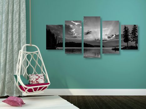 5-DELNA SLIKA ODSEV GORSKEGA JEZERA V ČRNOBELI IZVEDBI - ČRNOBELE SLIKE - SLIKE