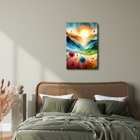 OBRAZ ROZPRÁVKOVÁ KRAJINA S KVETMI A SLNKOM - OBRAZY POLIA A LÚKY - OBRAZY