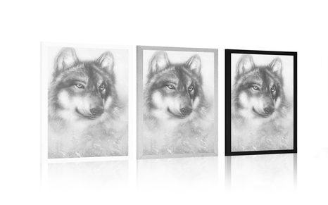 POSTER – LUPO IN UN PAESAGGIO INNEVATO IN BIANCO E NERO - NERO E BIANCO - POSTER