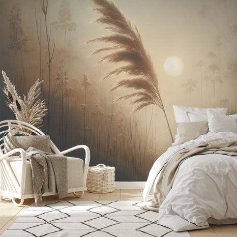 TAPETA PAMPOVÁ TRÁVA V RANNÍ MLZE - TAPETY VÝCHOD A ZÁPAD SLUNCE - TAPETY