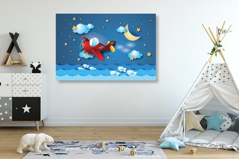 QUADRO SU TELA – VOLO CON AEROPLANINO - QUADRI PER BAMBINI - STAMPE E QUADRI