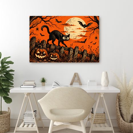 QUADRO SU TELA – GATTO NERO SOTTO LA LUNA - QUADRI HALLOWEEN E HORROR - STAMPE E QUADRI