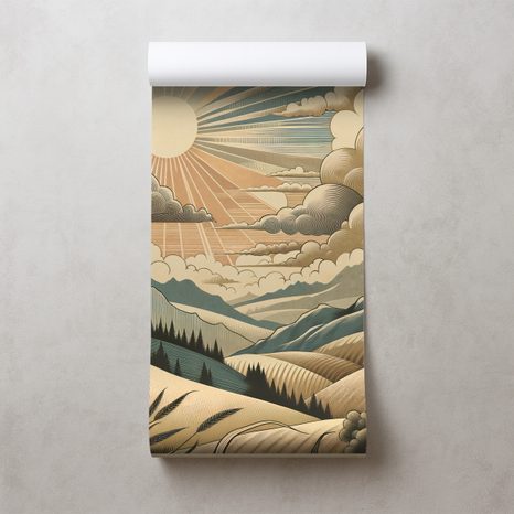 TAPETE RETRO-LANDSCHAFT MIT BERGEN UND SONNE - TAPETEN MIT BERGMOTIVEN - TAPETEN