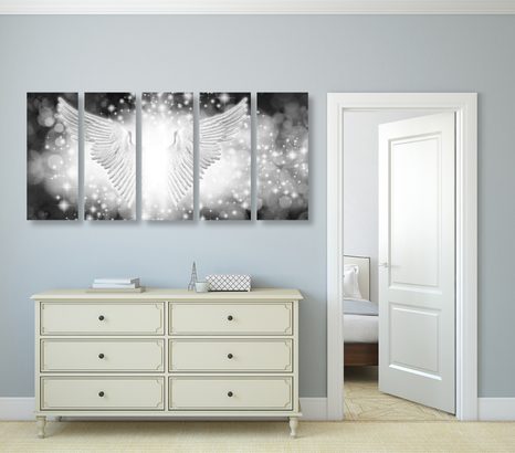 5-TEILIGES WANDBILD SCHWARZ-WEISSE FLÜGEL MIT ABSTRAKTEN ELEMENTEN - SCHWARZ-WEISSE BILDER - BILDER