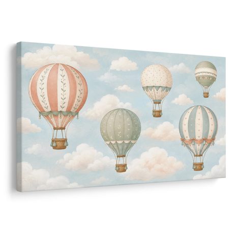 CANVASTAVLA PASTELLFÄRGADE LUFTBALLONGER BLAND MOLNEN - BARNTAVLOR MED FORDON - TAVLOR