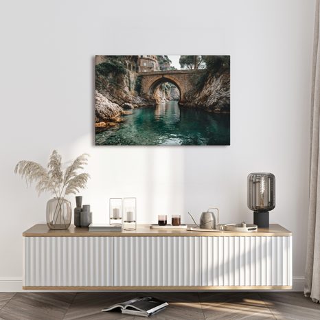 WANDBILD RUHIGES WASSER UNTER DER BRÜCKE - BILDER VON STÄDTEN - BILDER