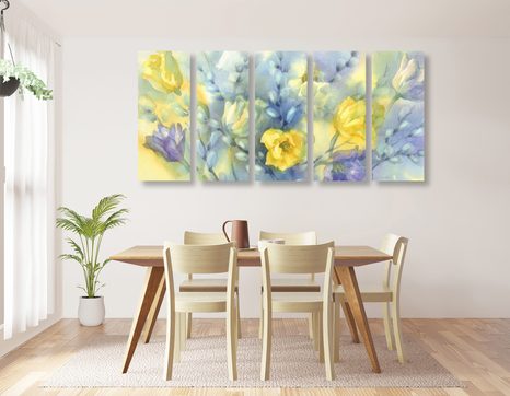 QUADRI 5 PEZZI – TULIPANI GIALLI AD ACQUERELLO - QUADRI DI FIORI - STAMPE E QUADRI
