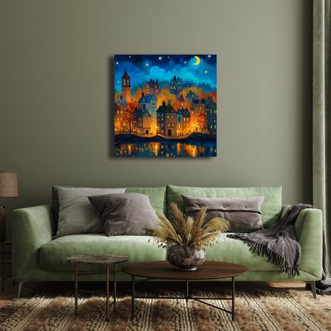 WANDBILD HERBSTLICHE ABENDMÄRCHEN - BUNTE HÄUSER - BILDER