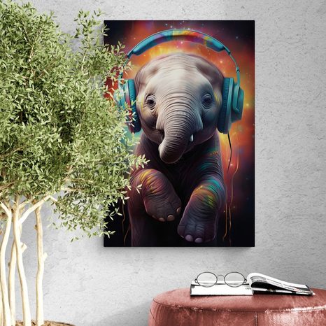 STAMPA SU TELA – ELEFANTE CON CUFFIE - QUADRI DI ANIMALI DA FESTA CON LE CUFFIE - STAMPE E QUADRI